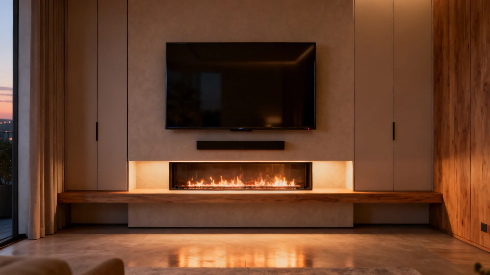 Multi-function wall with a slim electric fireplace under a TV and flanking cabinets in a small condo.
