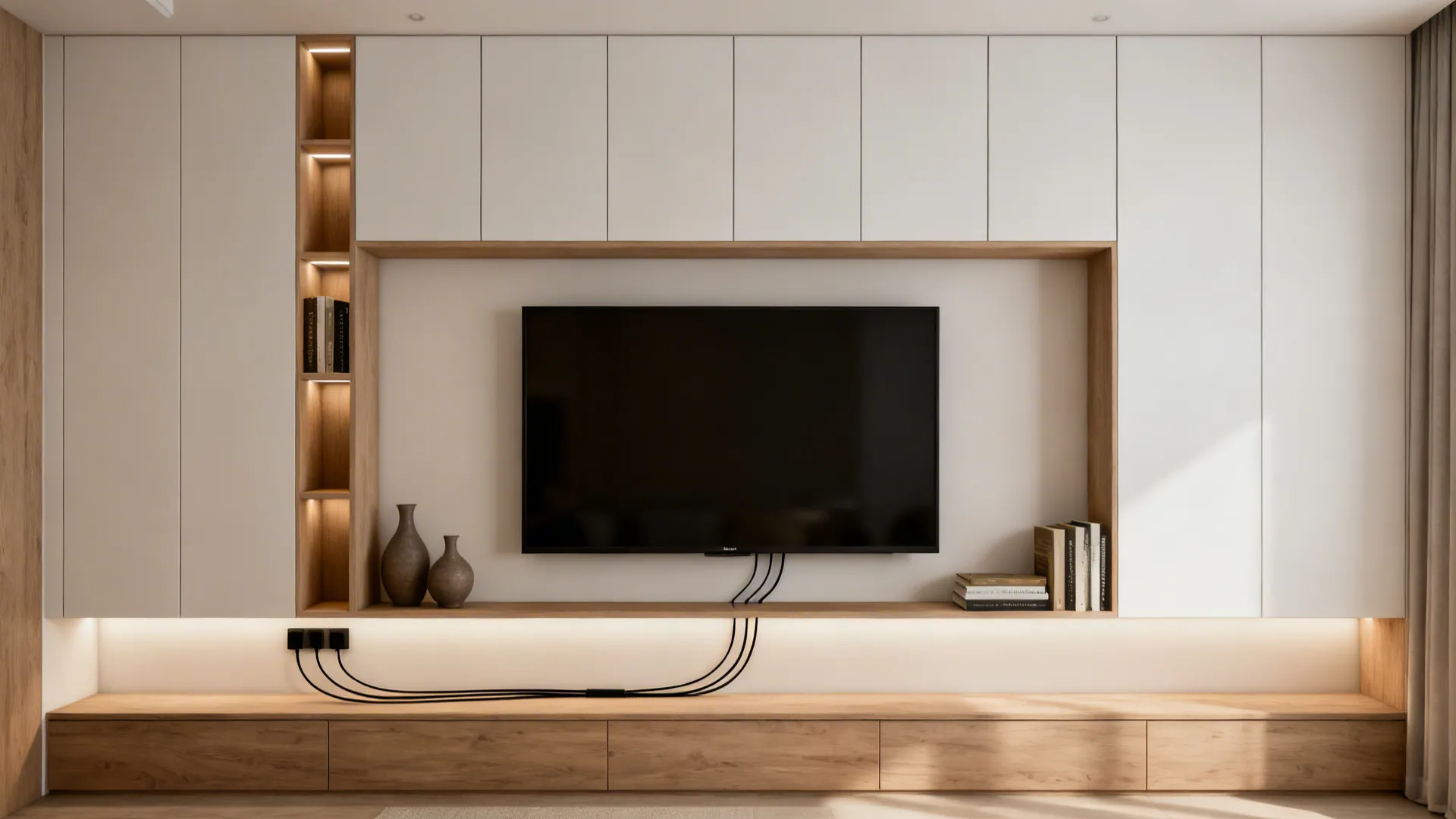 Focal wall with TV flanked by narrow built-in shelves and alternating closed cabinets and open cubbies.