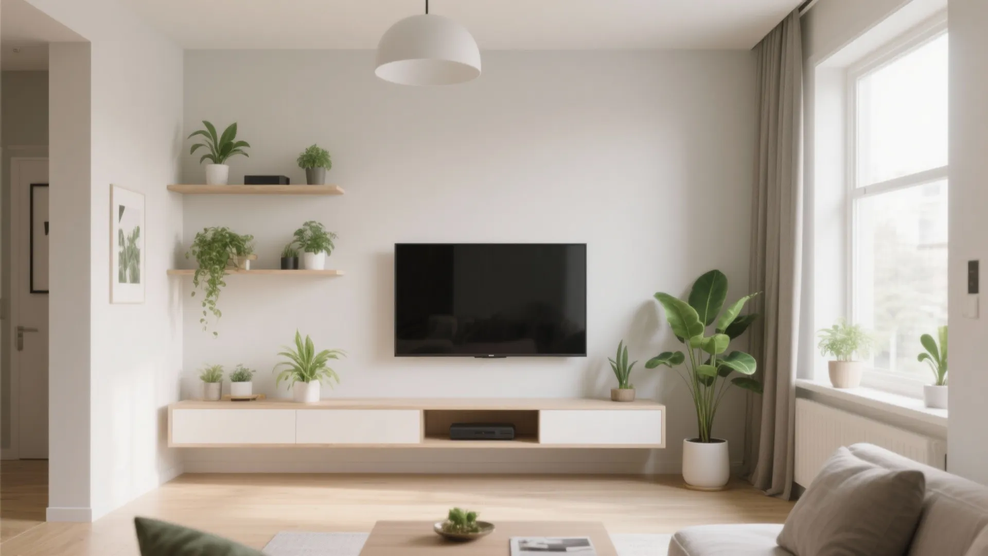 Wall-Mounted TV and Floating Shelves
