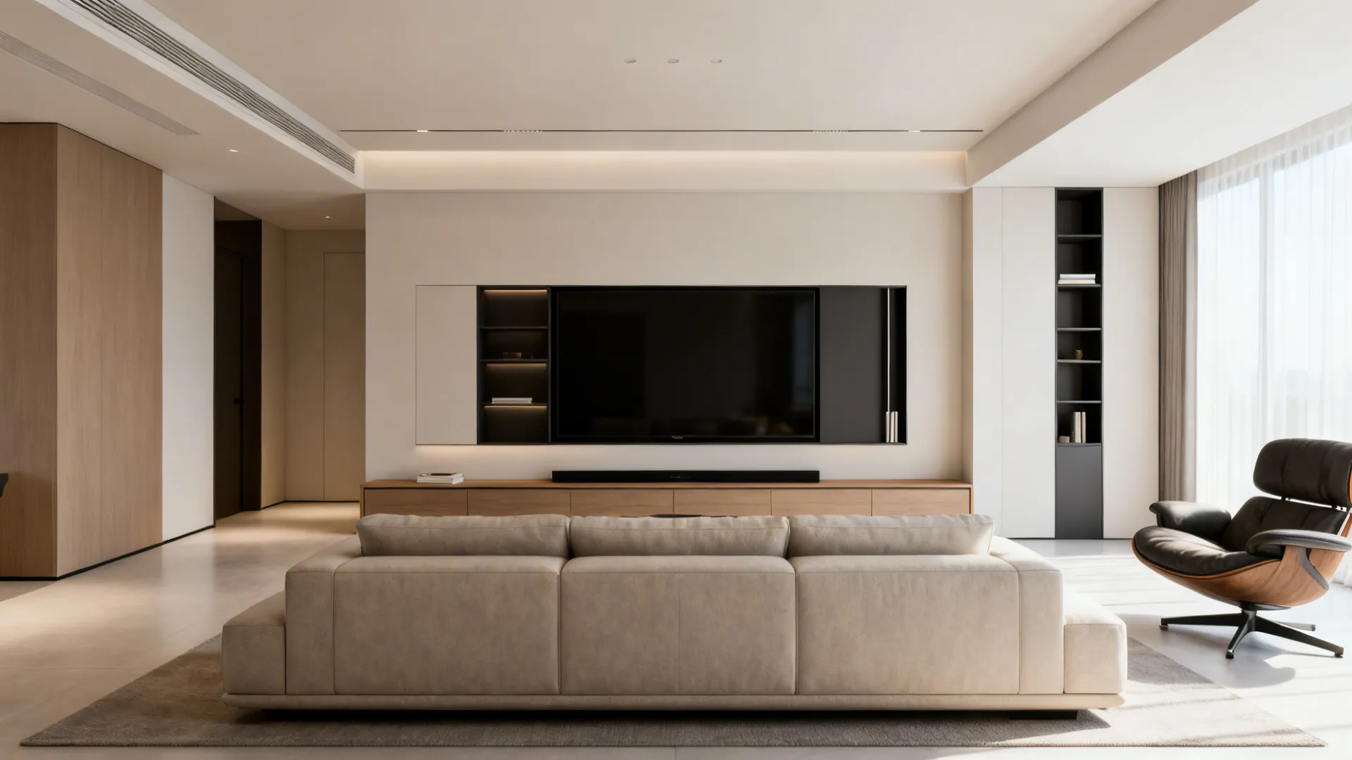 Long living room with sofa facing TV cabinet and slim storage, showing viewing distance and clear pathways.