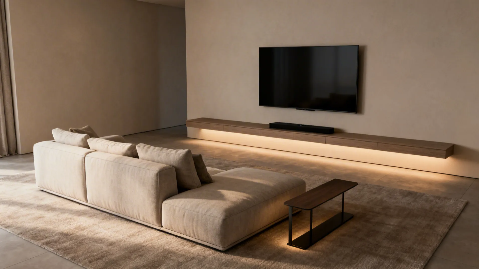 Family room with L-shaped sofa facing TV and a low-profile media console