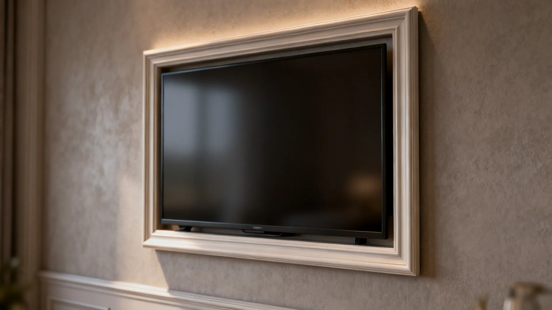 Black television mounted on a textured beige wall inside a decorative white wooden picture frame