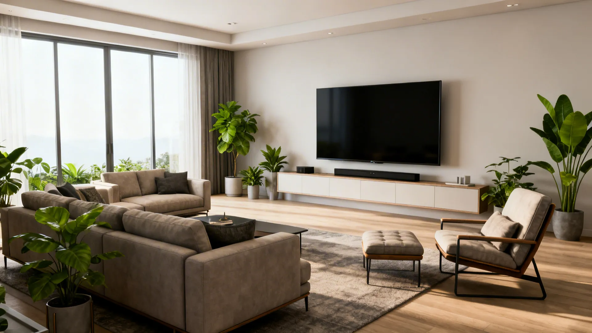 Living room with seating arranged at optimal distance from a 75-inch TV and a secondary conversation chair