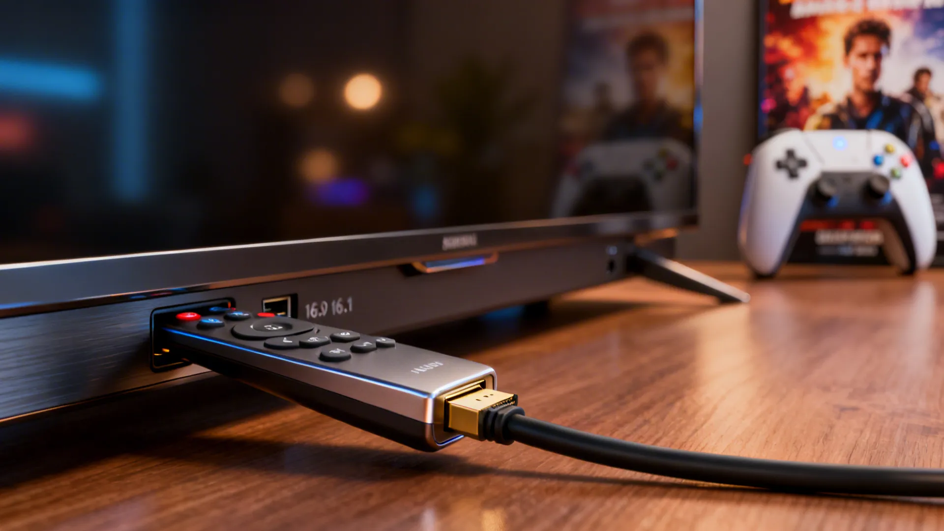 Streaming stick device plugged into a television port with a game controller in the background