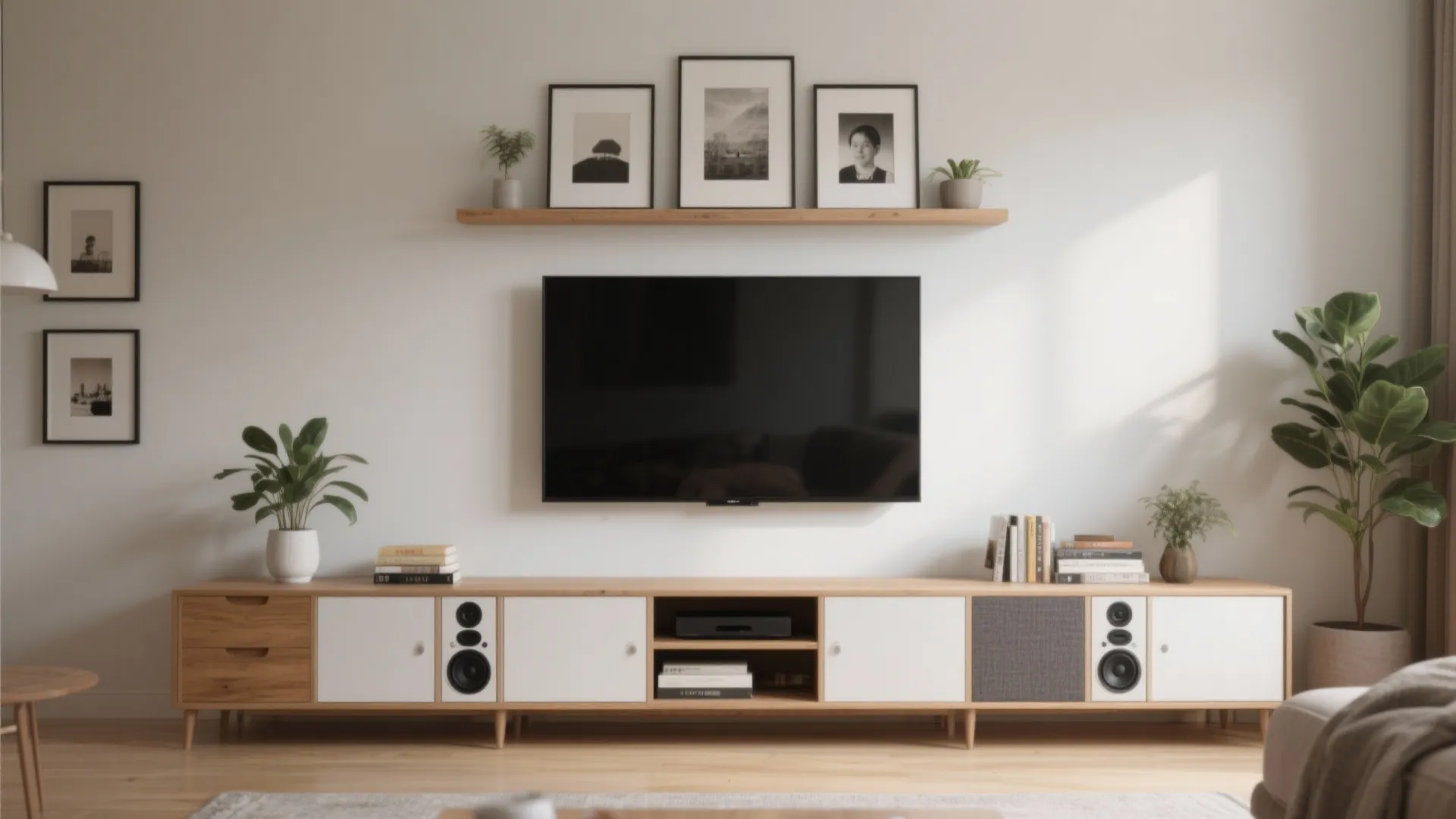 Modular low cabinets + framed wall: the balanced “TV gallery”