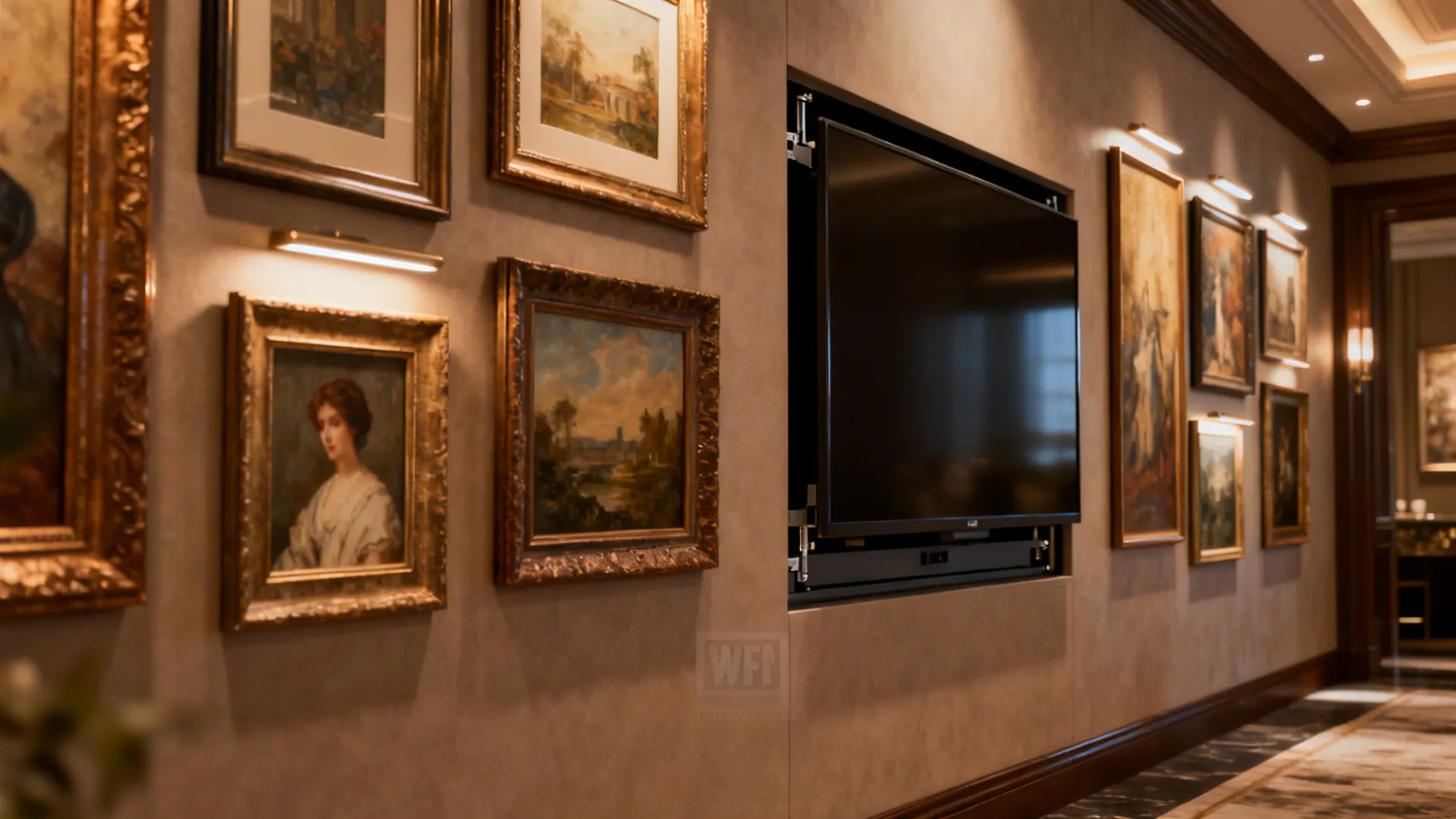 Gallery wall with framed art and a retractable TV concealed among the frames in a boutique-hotel style living room.