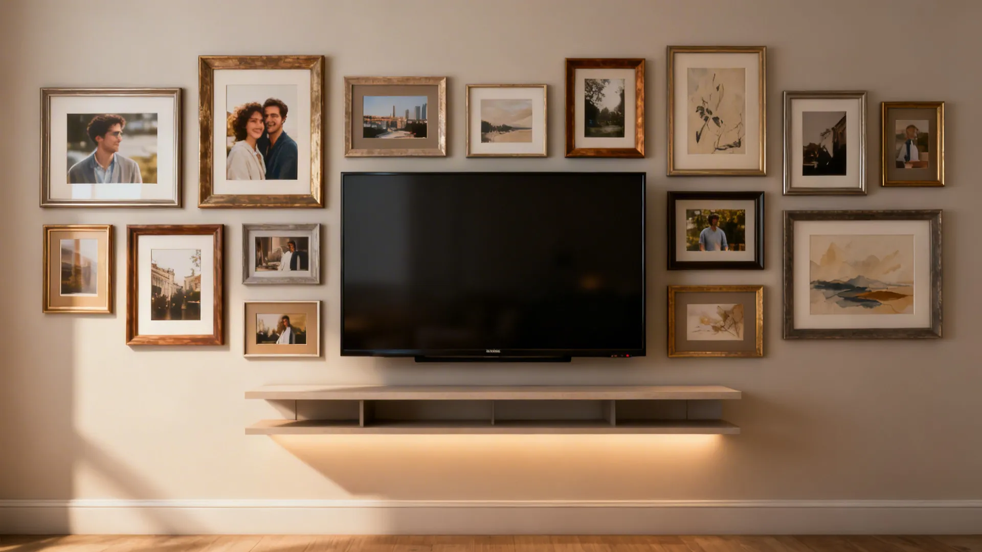 55 inch TV incorporated into a gallery wall, surrounded by framed artwork and photos