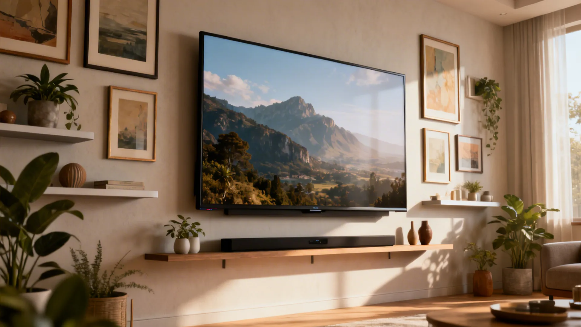 65-inch TV integrated into a gallery wall with framed art and floating shelves.