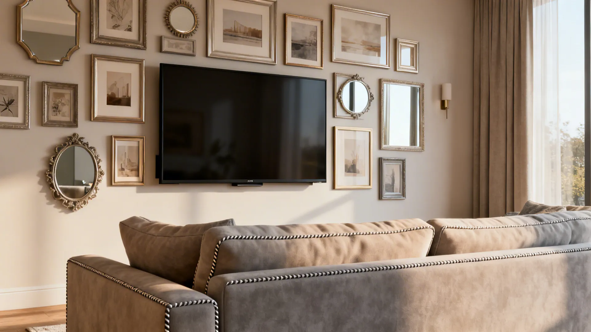 Living room television wall decorated with many framed art pictures mirrors and a beige sofa
