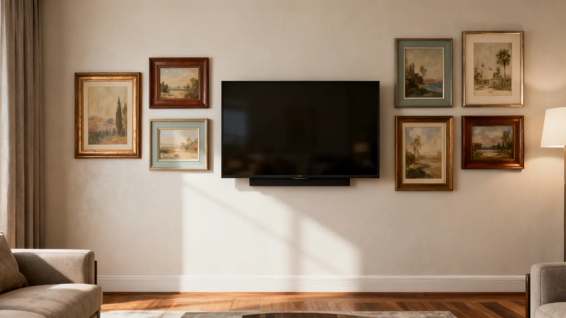 Wall-mounted TV integrated into a gallery wall with coordinated frames and matte glazing.