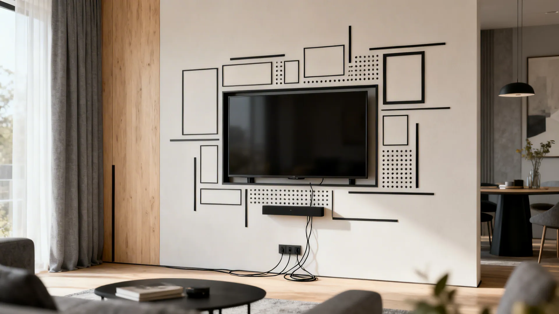 Wall-mounted TV framed by modular geometric decals in a neutral Scandinavian living room.