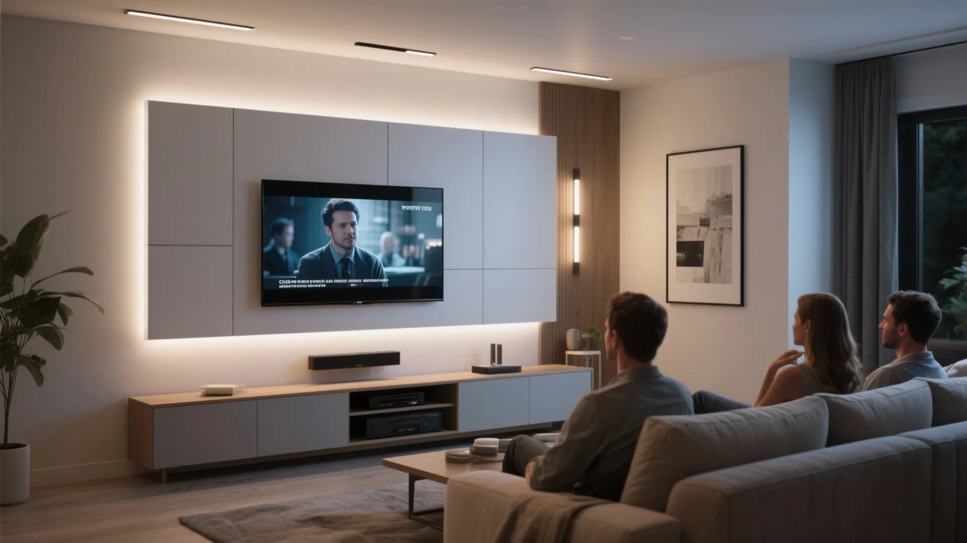 Modern living room with family watching television on large screen with soft warm wall lighting