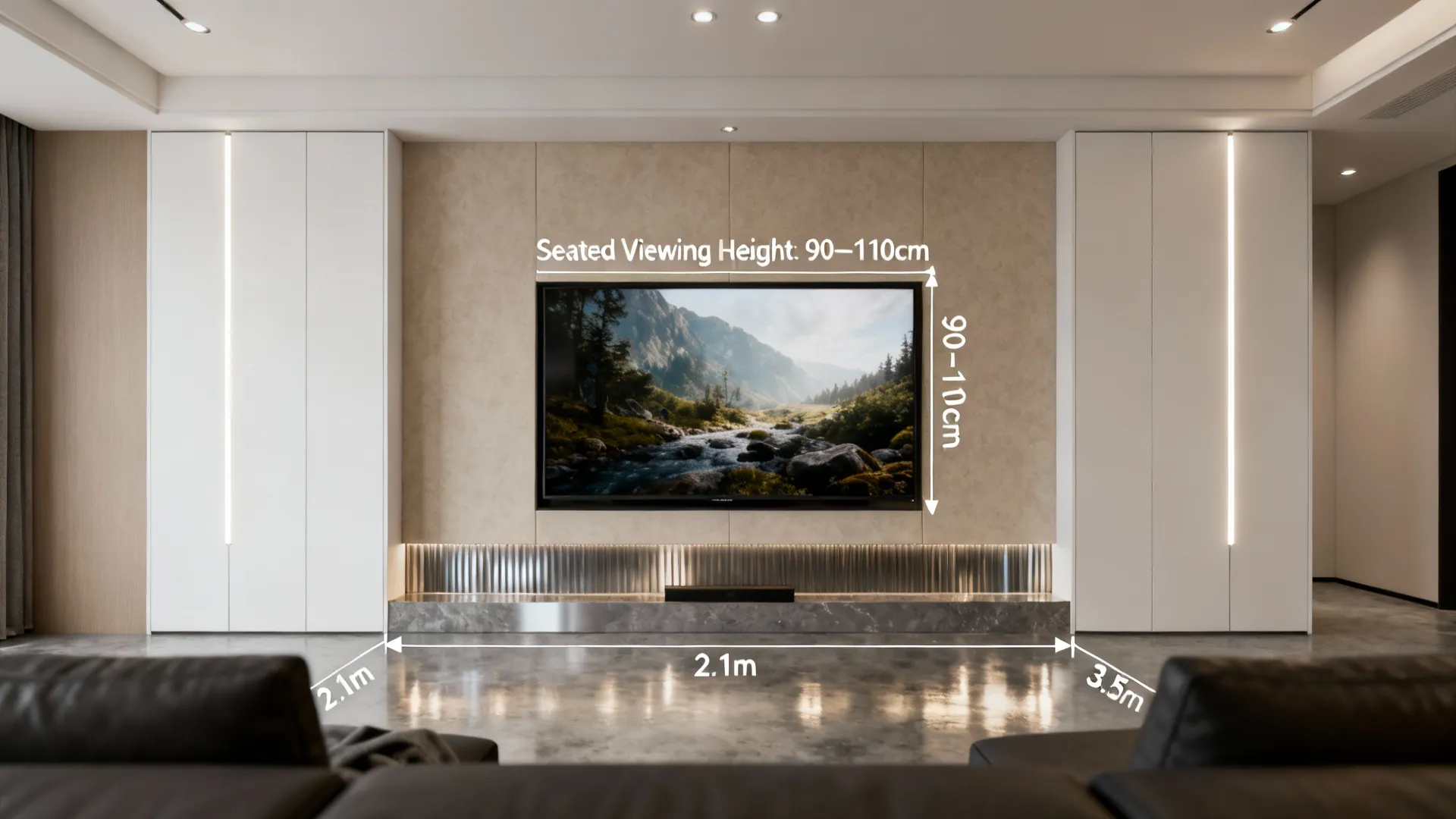 TV mounted at ideal viewing center height of 90–110cm with seating distance markers in a compact living room.