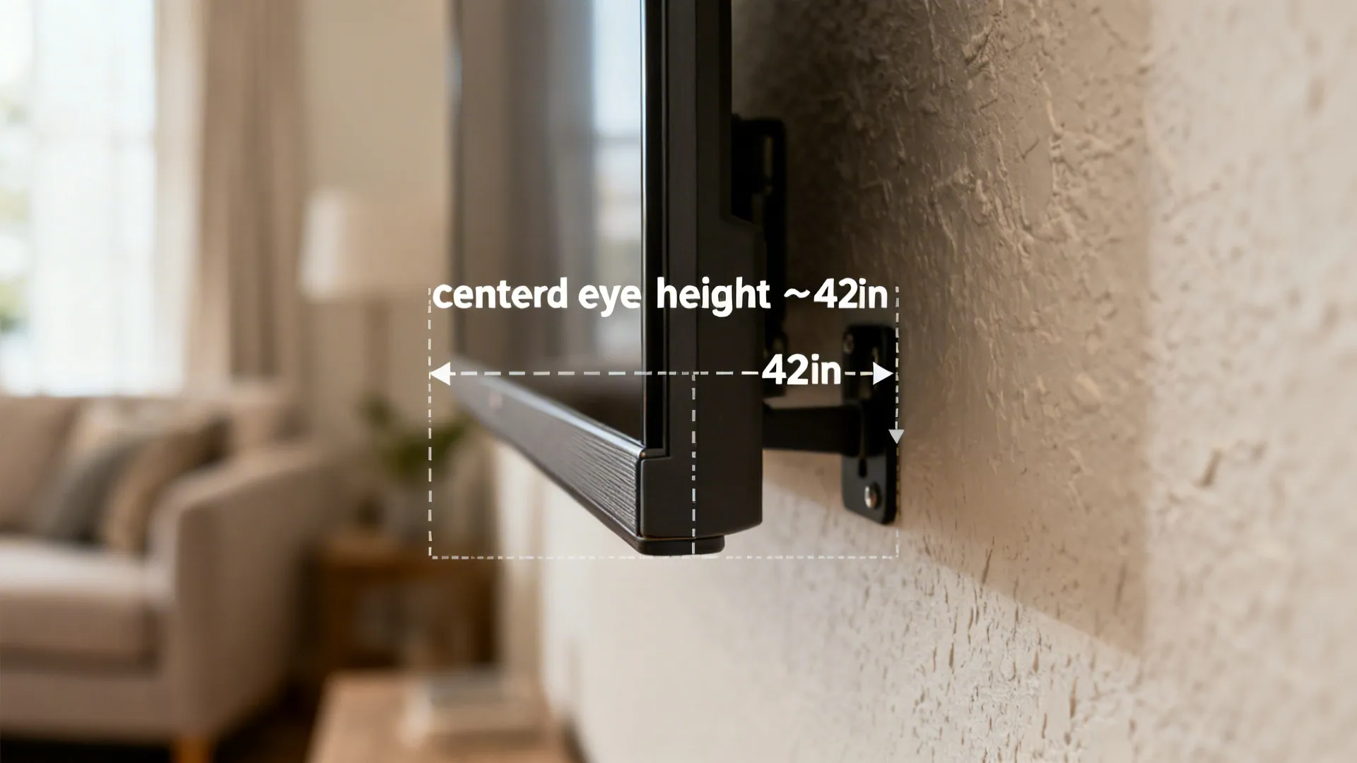 Close-up showing TV mounted with measurement overlay at seated eye level for ergonomic viewing.