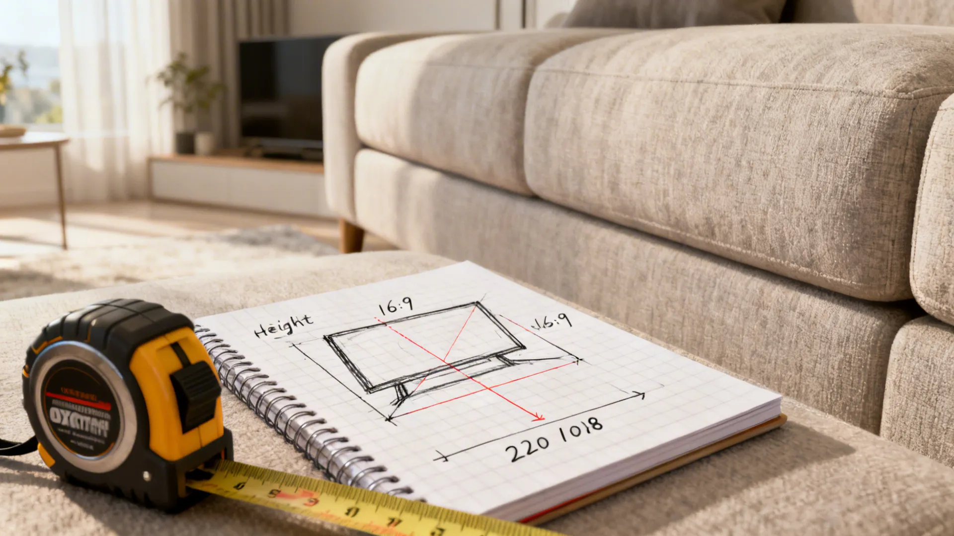 Measuring tape and sketch showing ideal TV height and sightlines for seated viewing.