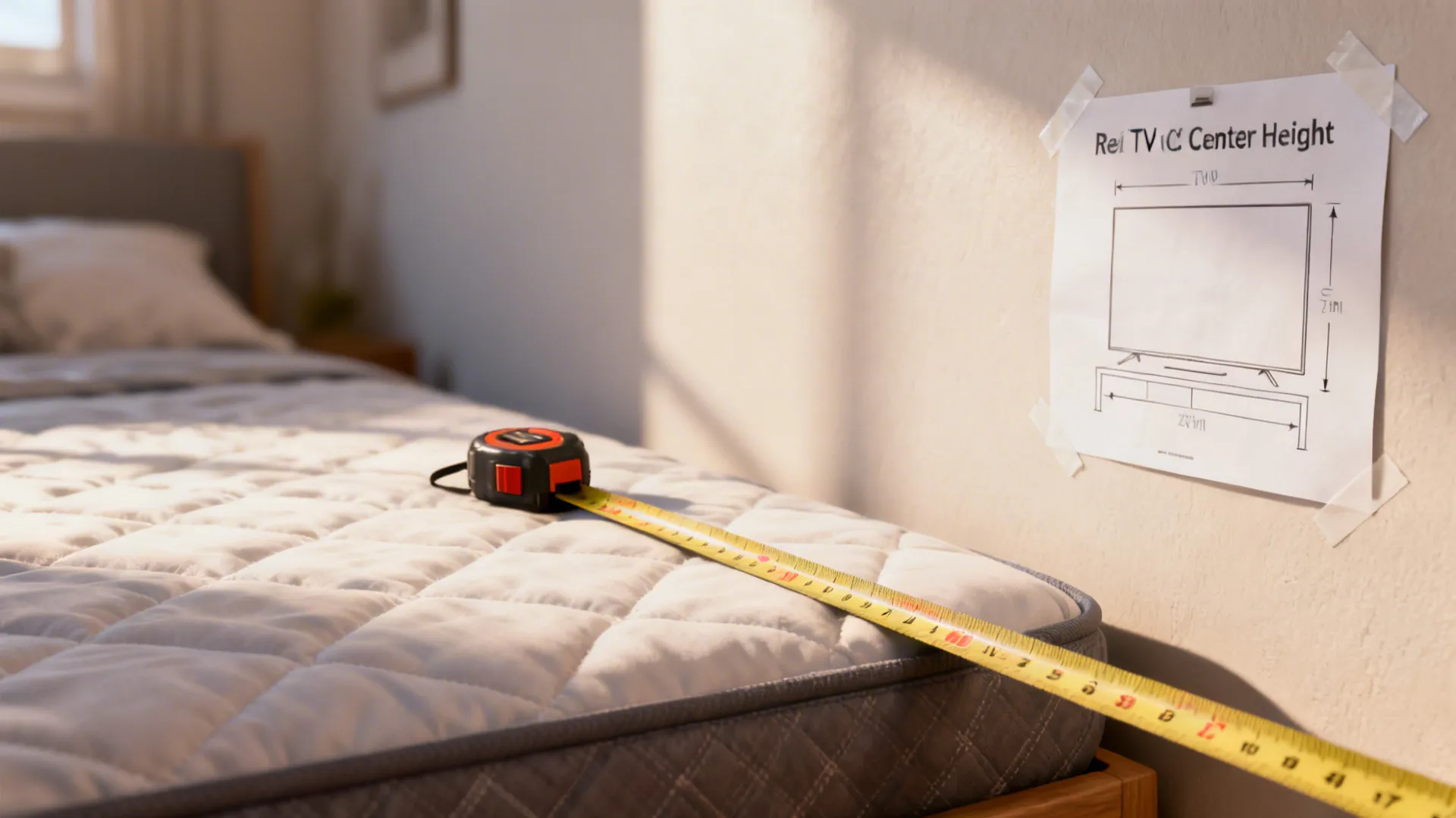 Tape measure and paper template on bedroom wall for TV height planning