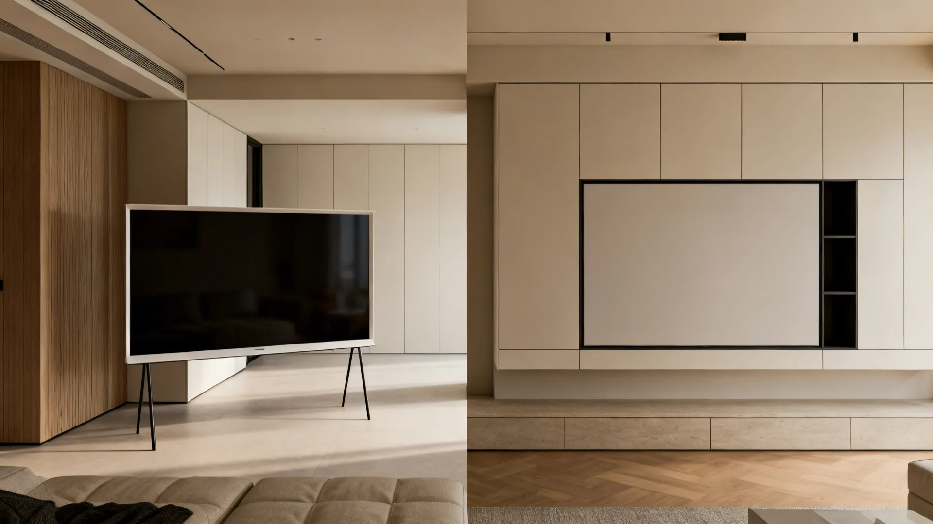 Before and after: TV dominating a room vs. hidden behind art-panel doors in a multi-function unit.