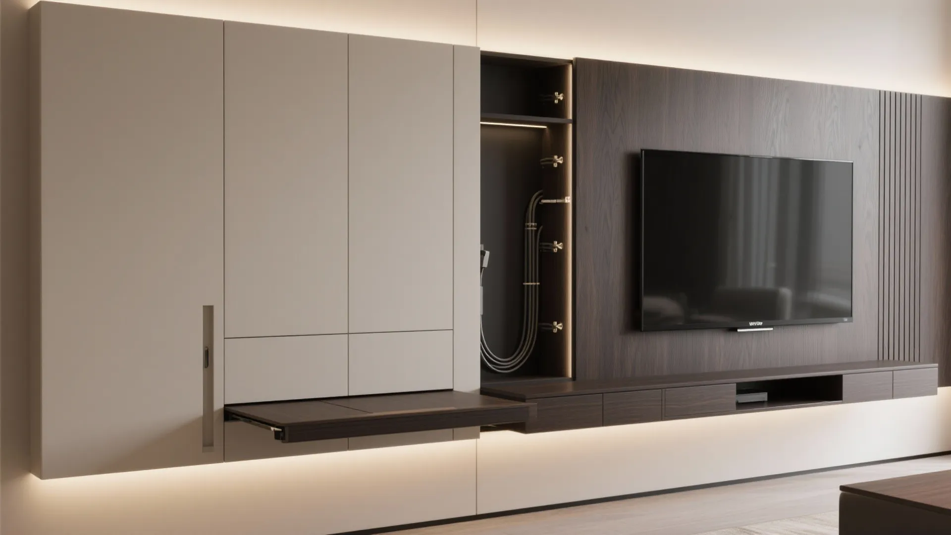 Modern wall cabinet with a hidden desk and tv unit featuring dark wood and integrated lighting