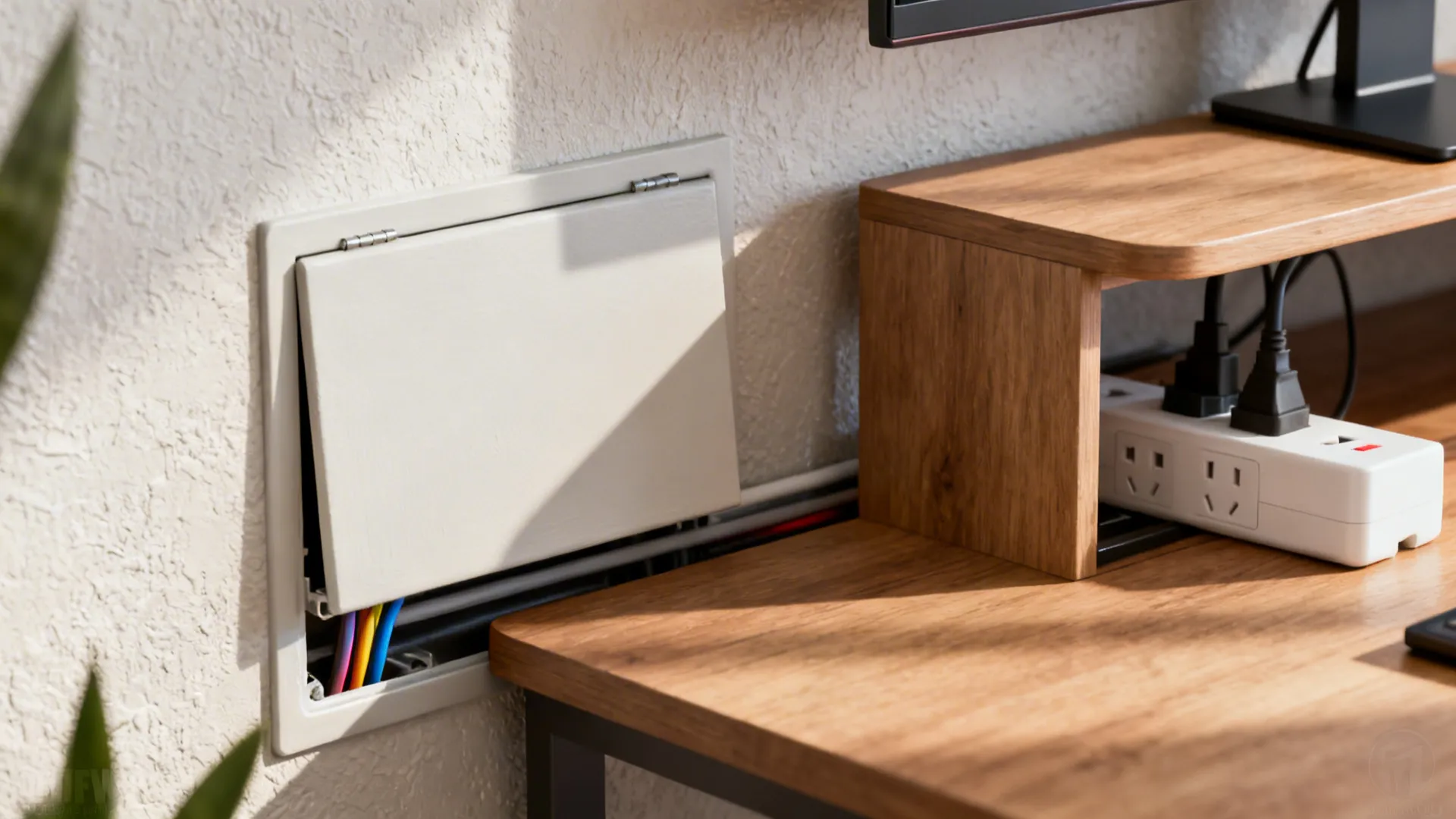 Close-up of cable management, mount detail, and surge protector for TV installation