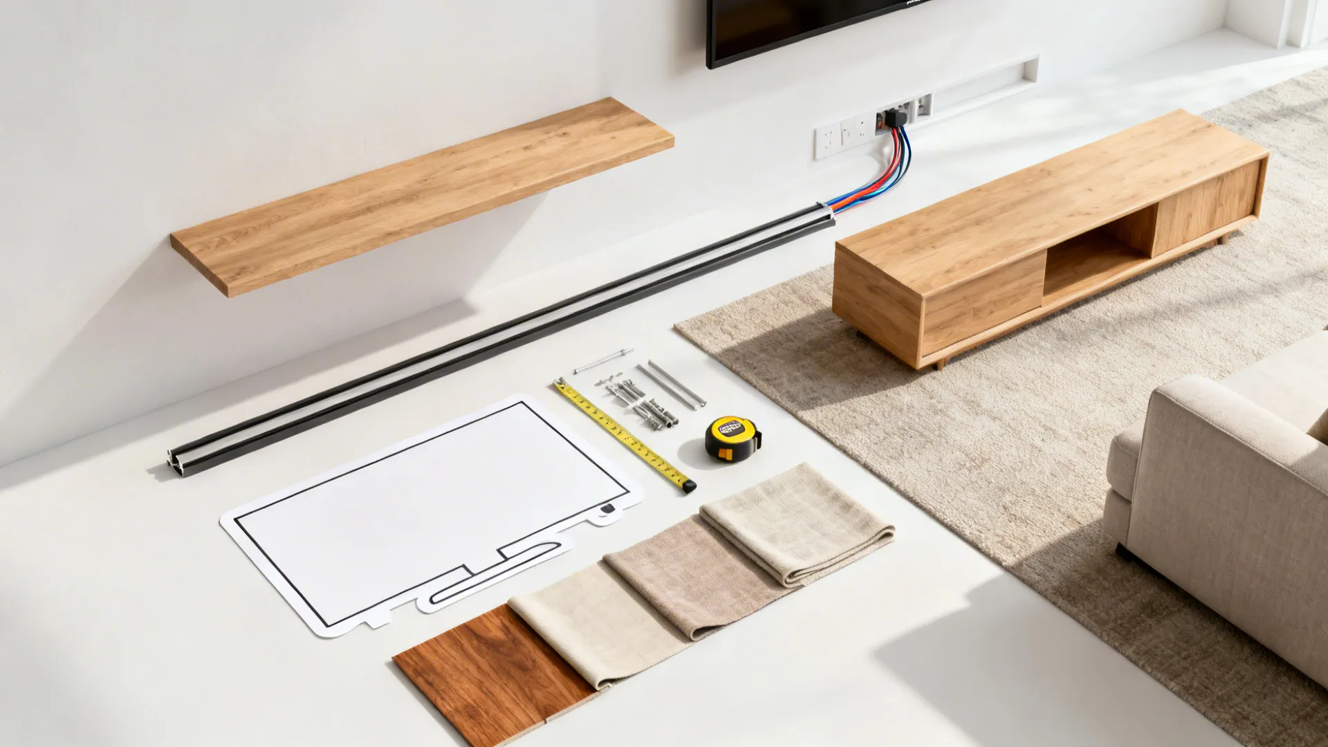 Flatlay of TV mounting materials, cable channel, floating shelf and paper TV cutout with fabric samples
