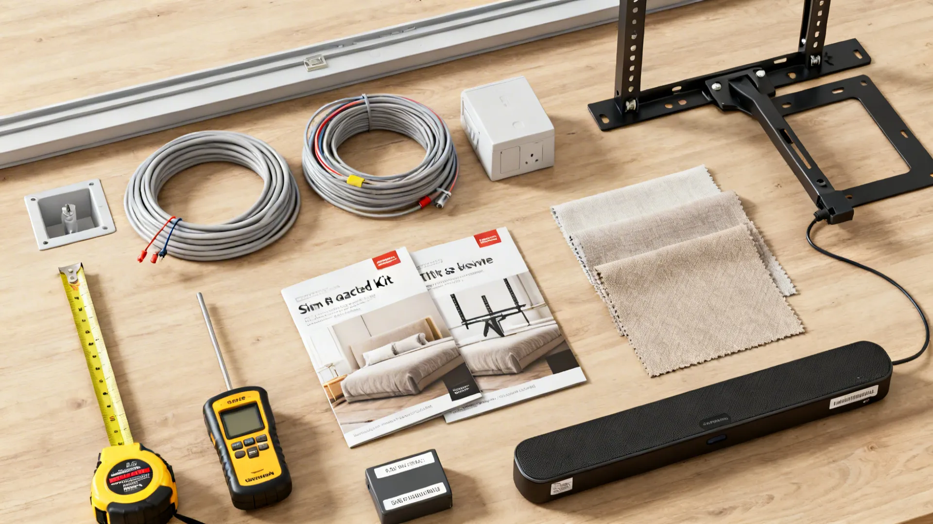 Flatlay of TV mounting tools and in-wall cable kit on a wood surface