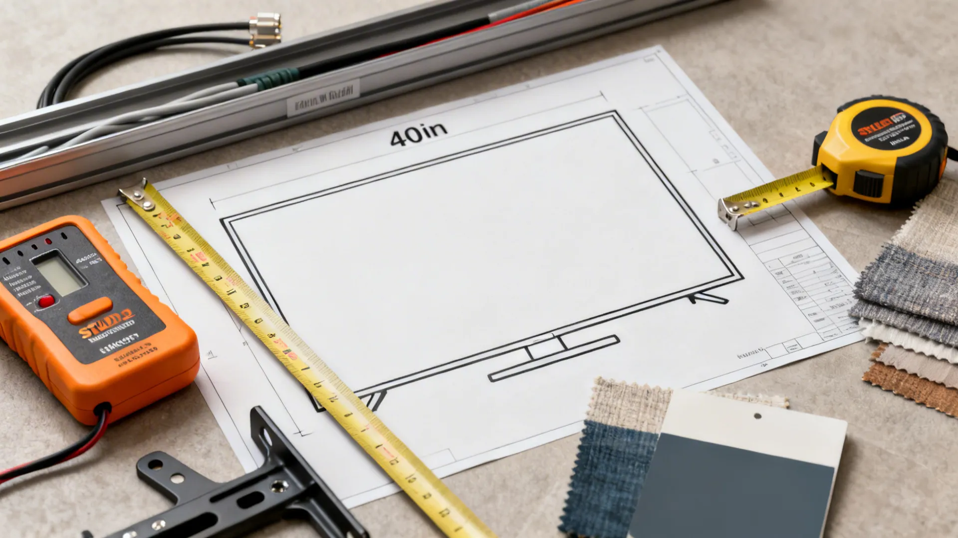 Flatlay of tools and samples for installing a 40-inch TV including stud finder and cable raceway