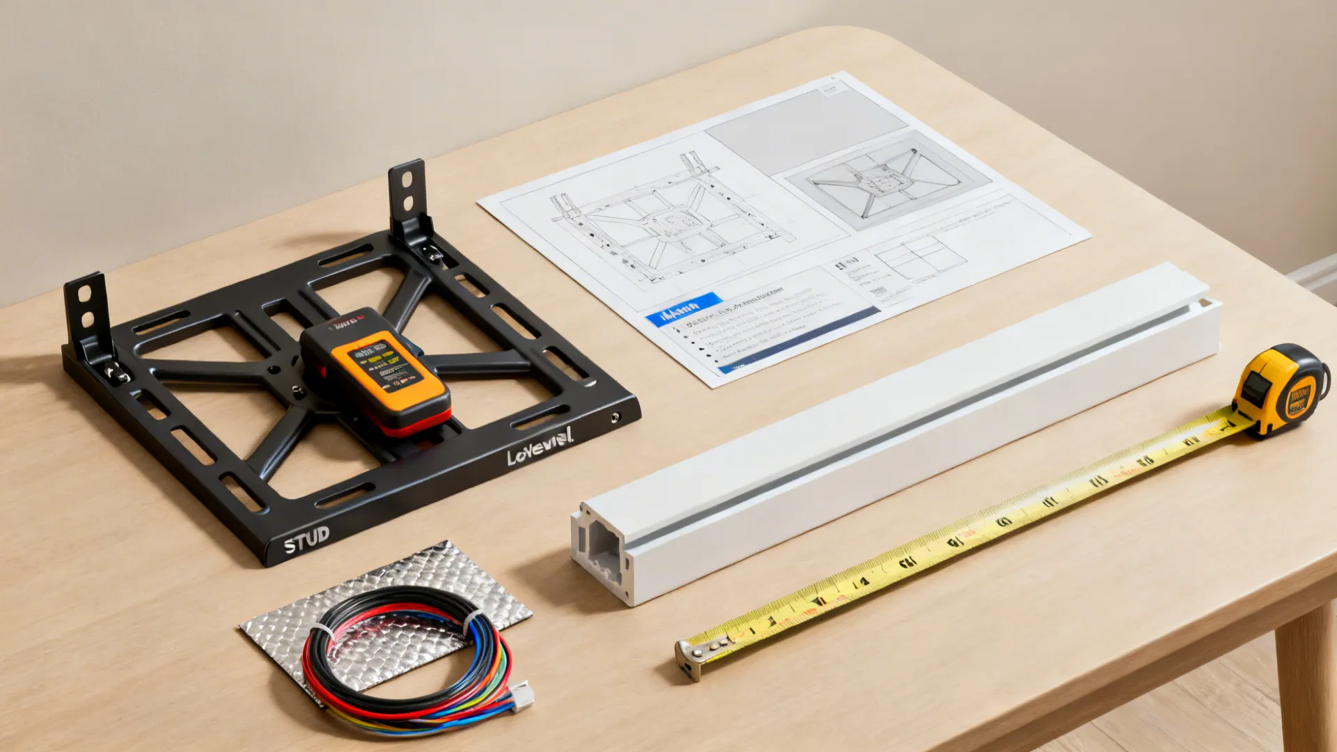 Flatlay of TV installation tools and materials including mounts, in-wall kit, and heat shield.