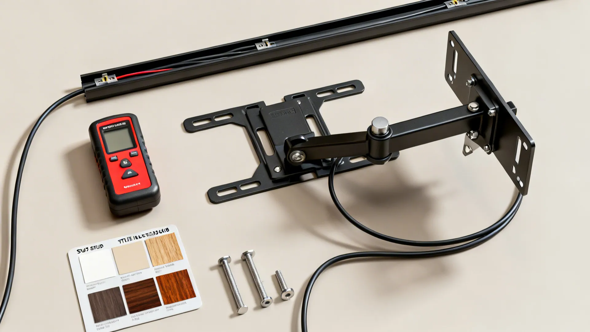 Flatlay of TV installation tools and materials including mounts, stud finder, and cable raceway.