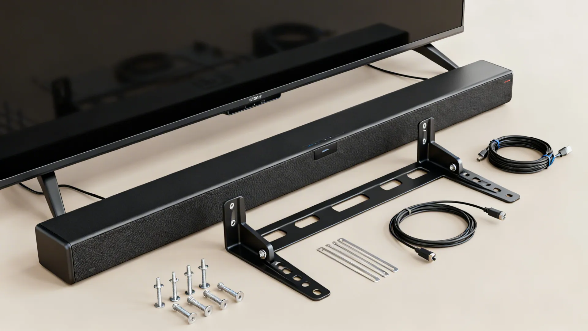 Black soundbar with wall mounting bracket screws and power cables for TV setup on light floor