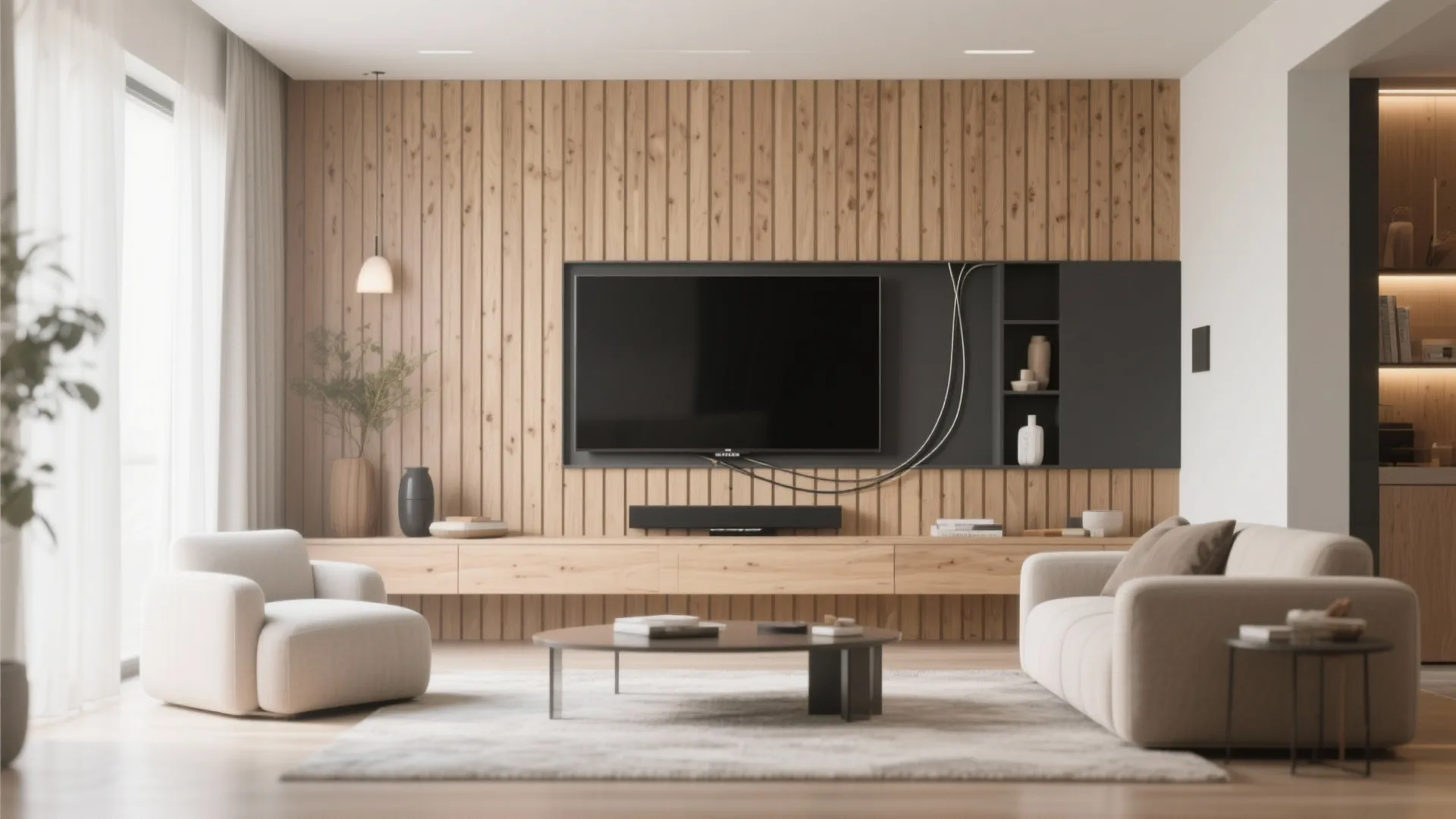 10. Slat Wall with Integrated TV Mount