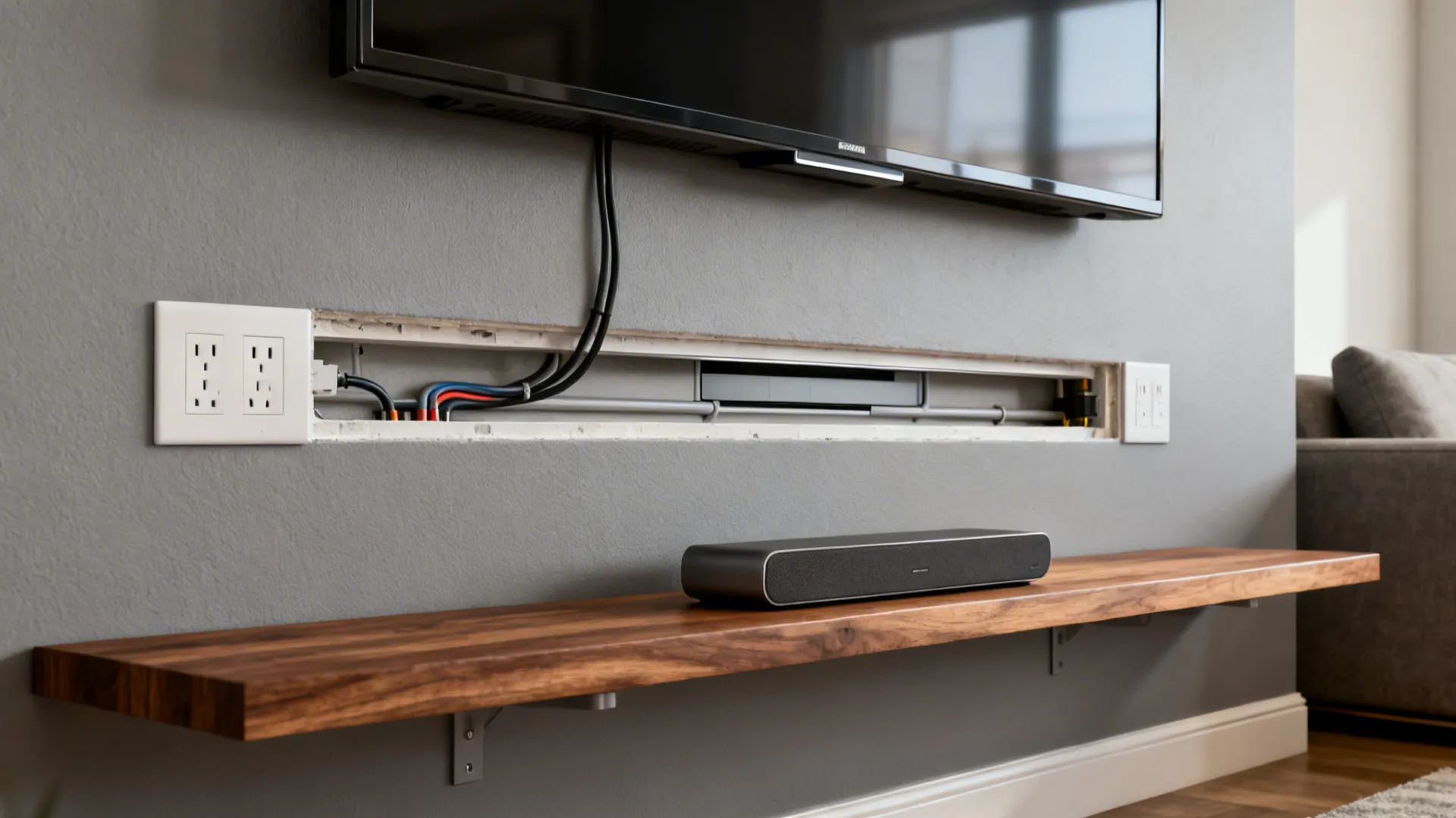Wall-mounted TV with flush cover plate and hidden in-wall cable channels.