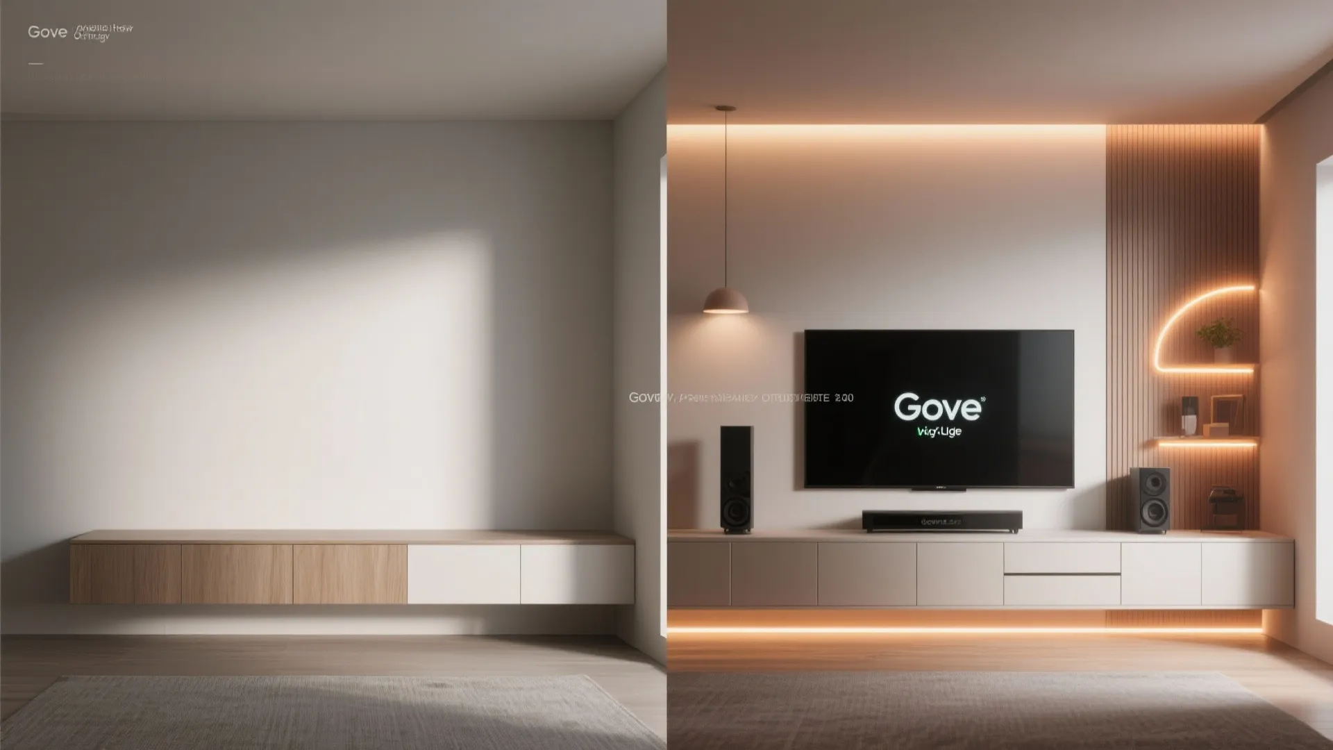 Before and after comparison of a living room with empty wall versus smart lighting setup