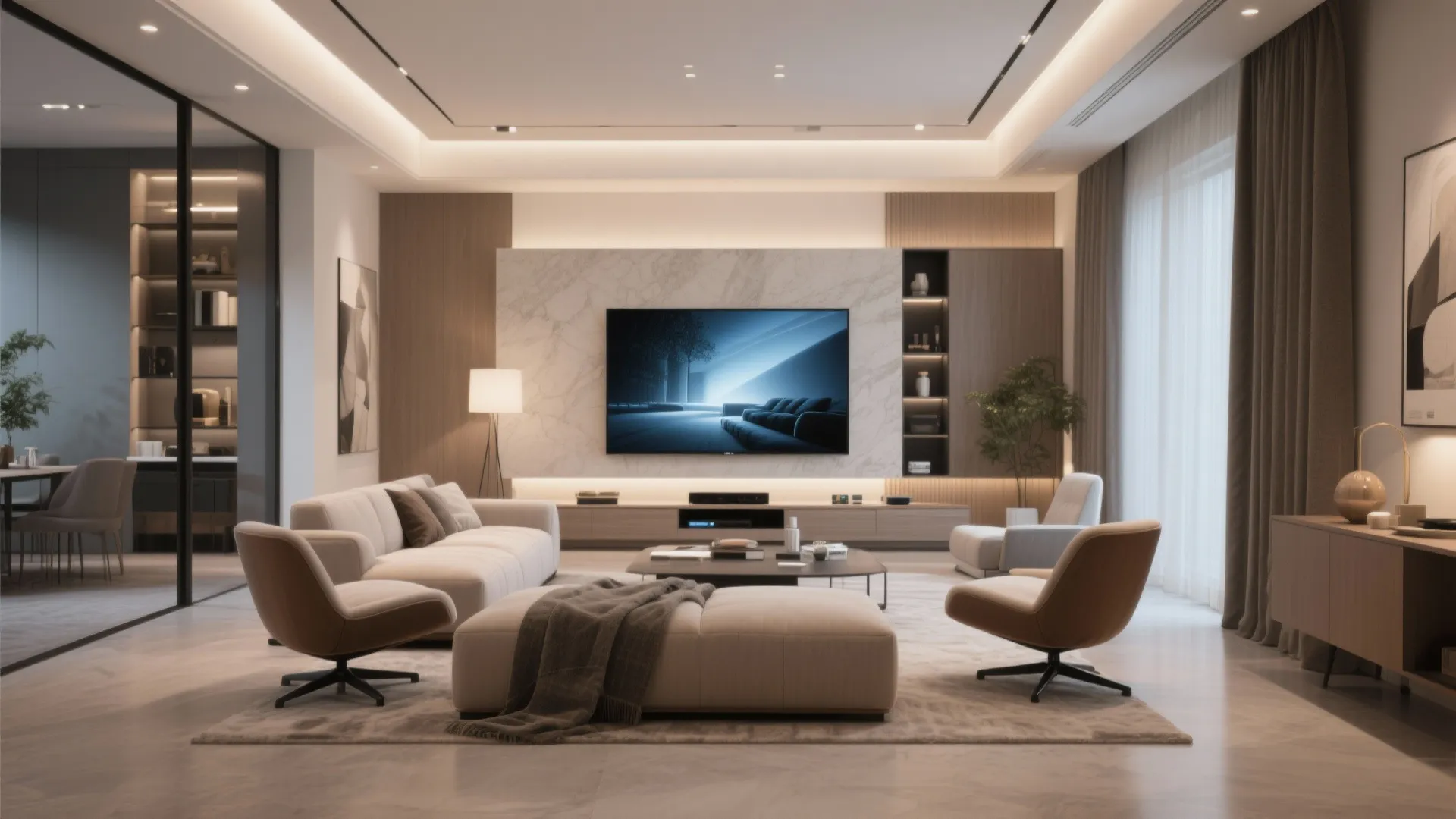 Living room with sofa and swivel chairs arranged for TV viewing