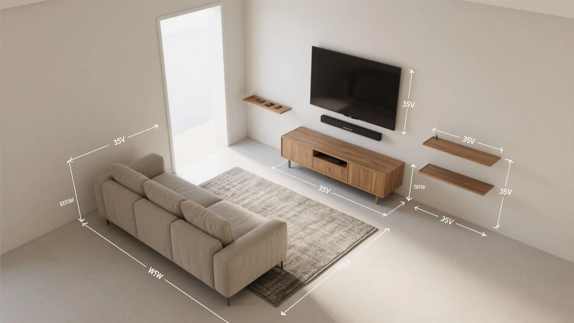 Living room layout showing dimensions for sofa carpet tv cabinet and wall mounted wood shelves