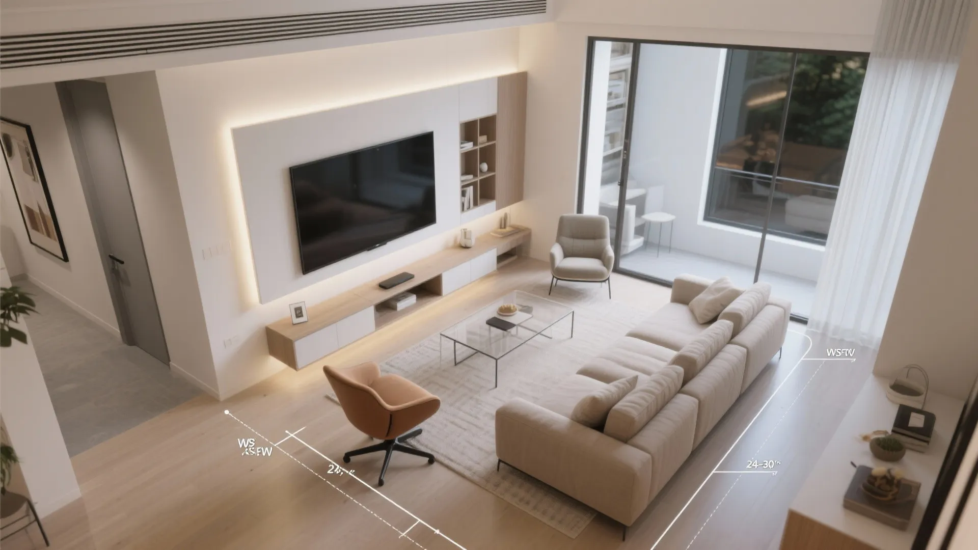 Floating console + wall-mounted TV