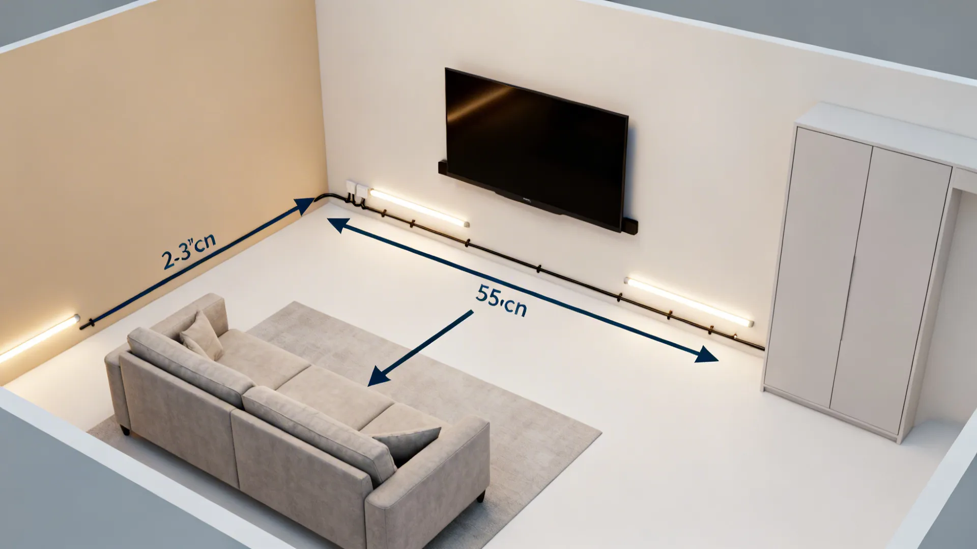Top-down view of a compact living room plan showing TV wall, viewing distance, LED placement, and cable chase.