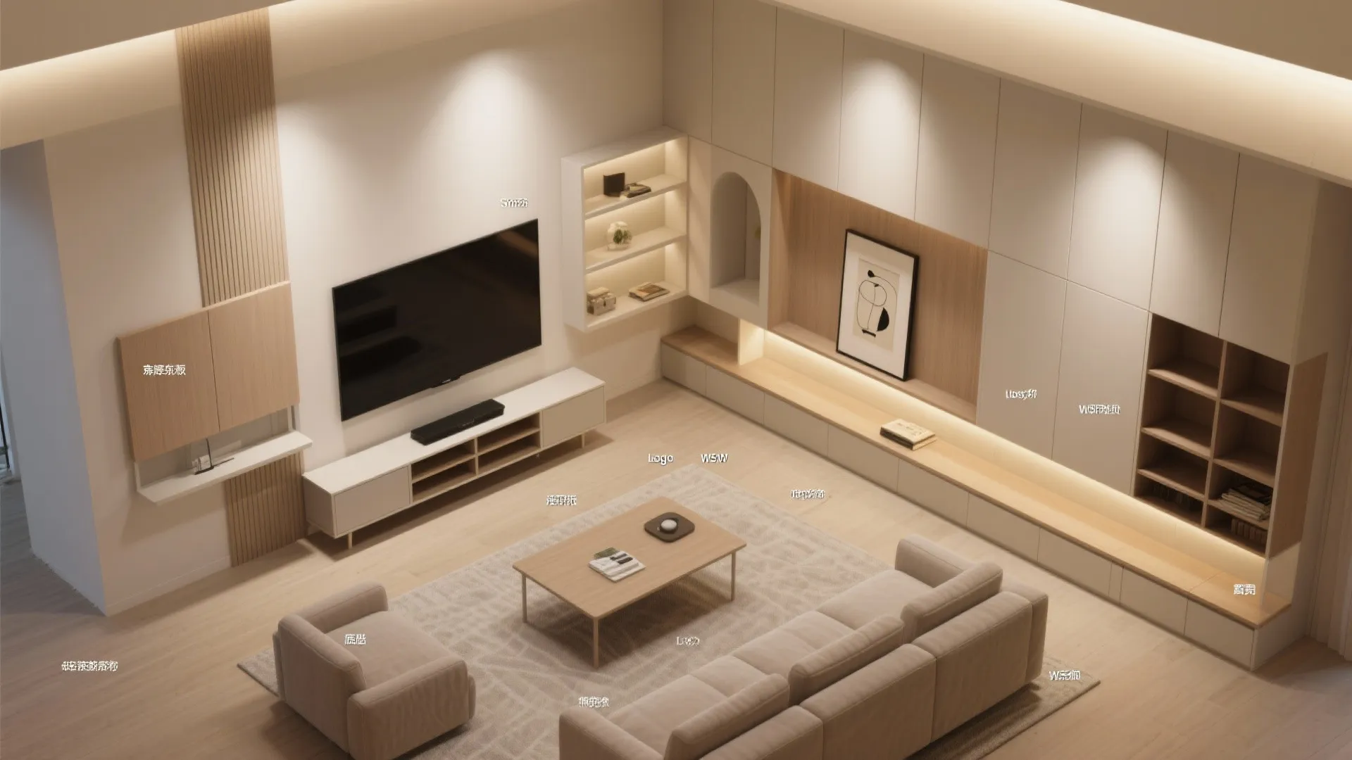 Top-down view comparing five compact TV wall arrangements in one living room.