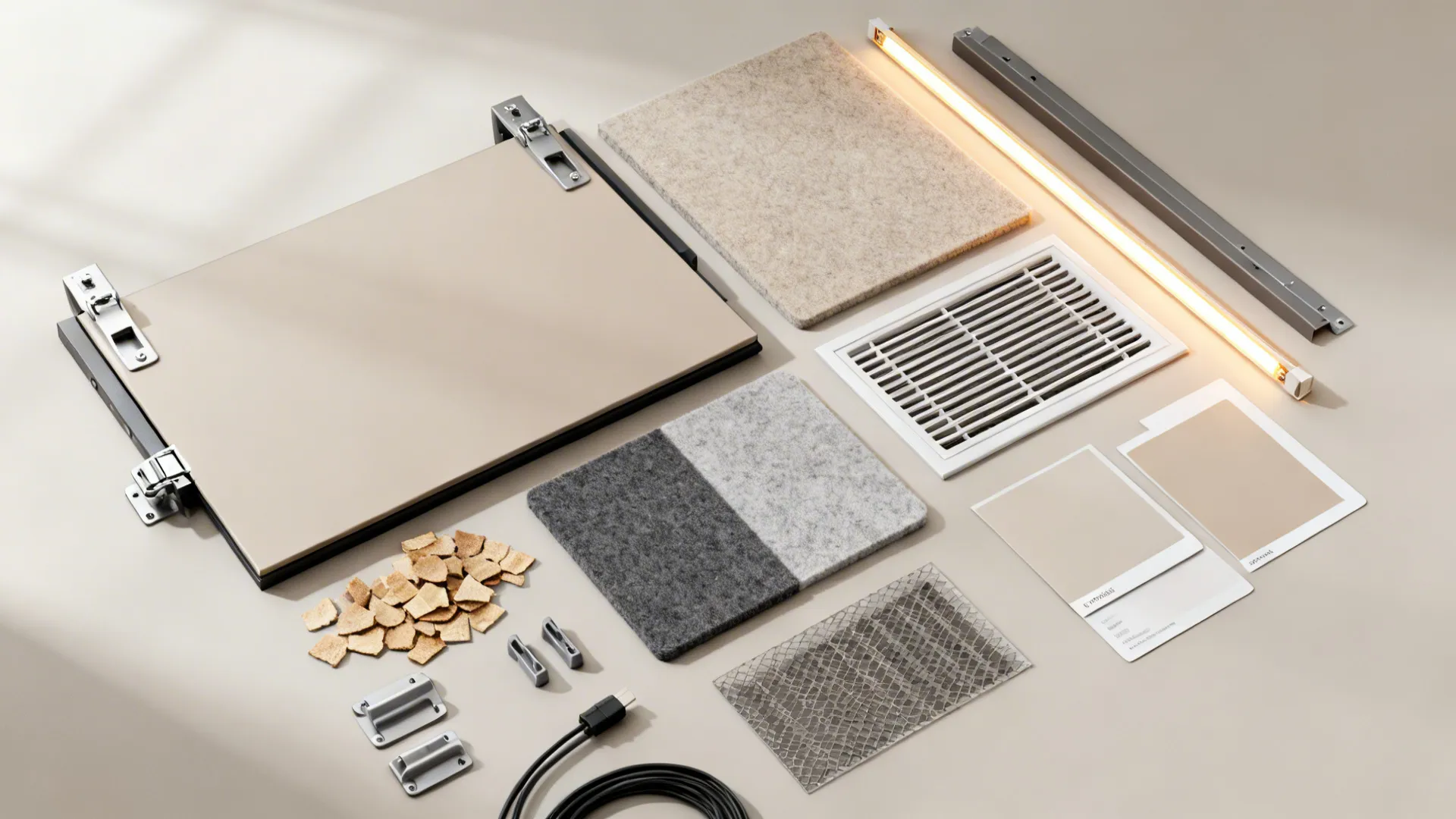 Flatlay of TV lift materials including acoustic felt, hardware, and matte panel finishes.