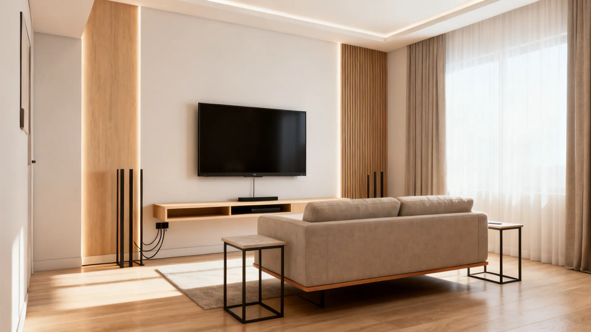 Modern living room featuring a wall mounted television with wooden cabinet and grey sofa seating