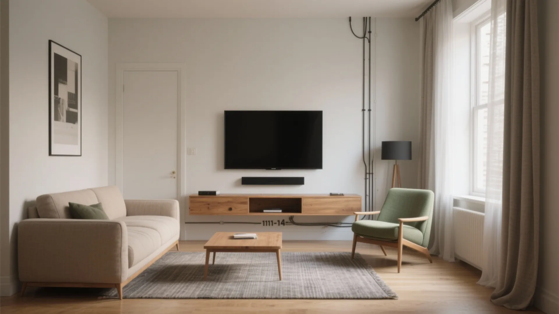 Modern living room with wall mounted television wooden cabinet green armchair beige sofa and grey carpet