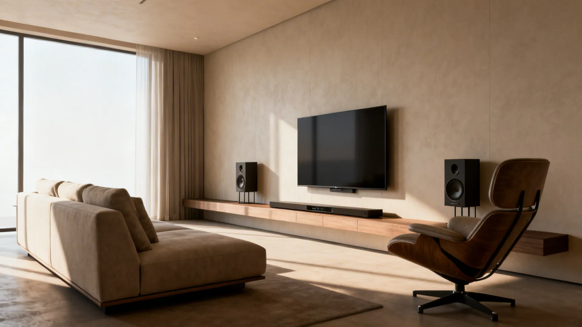 TV mounted on long wall with angled seating and slim media console in an L-shaped living room.