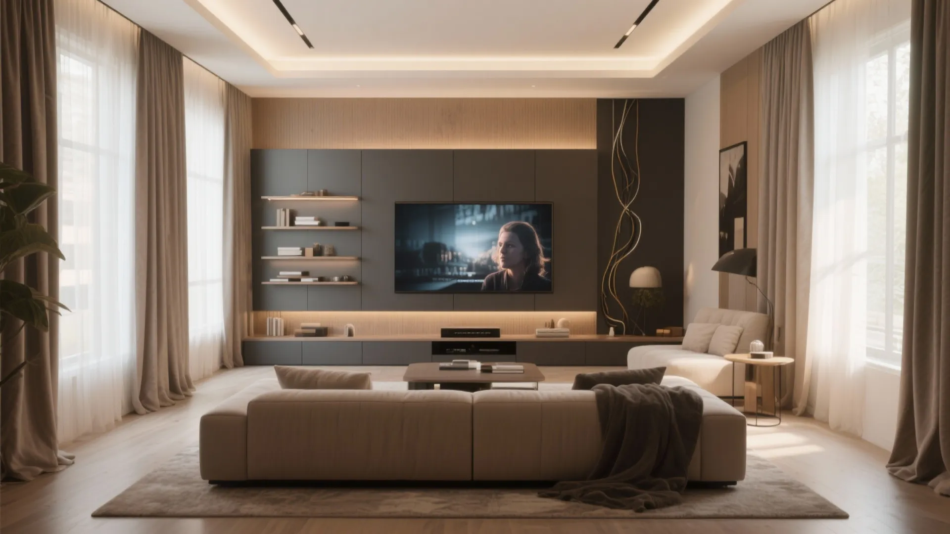 Modern home theater with large television on dark wall wooden paneling and soft warm lighting
