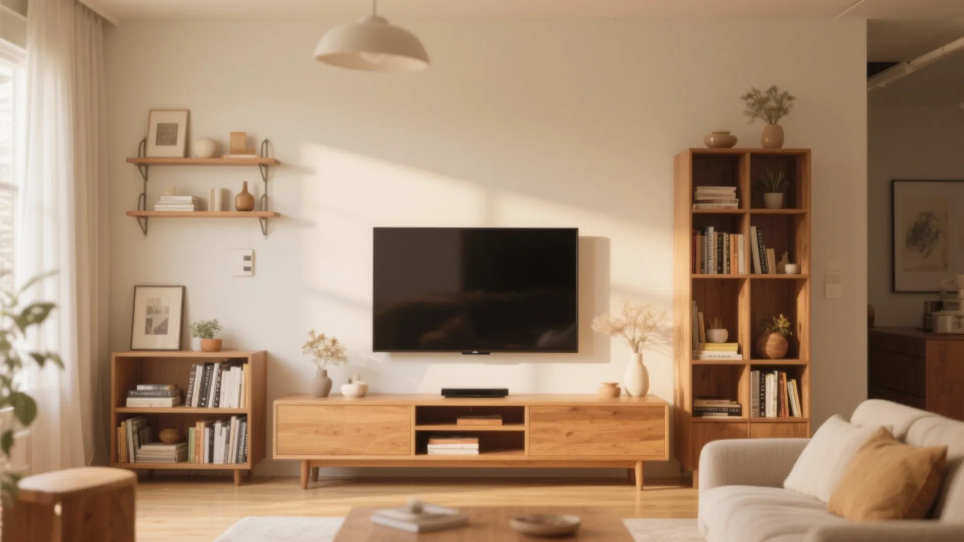 Minimalist living room showing wooden cabinet and bookshelves under television with warm natural sunlight effect
