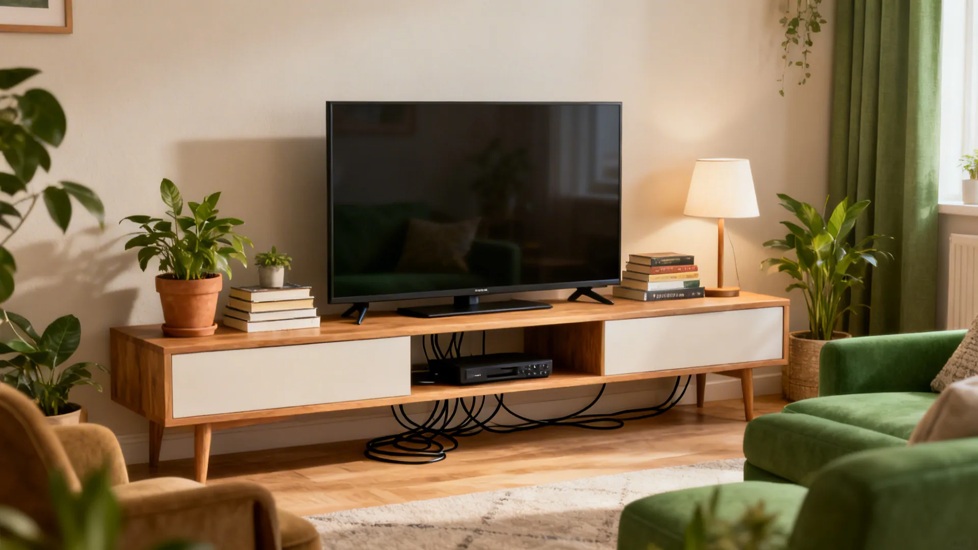 Flat-screen TV on a low media console styled with plants and books, cords hidden behind furniture.