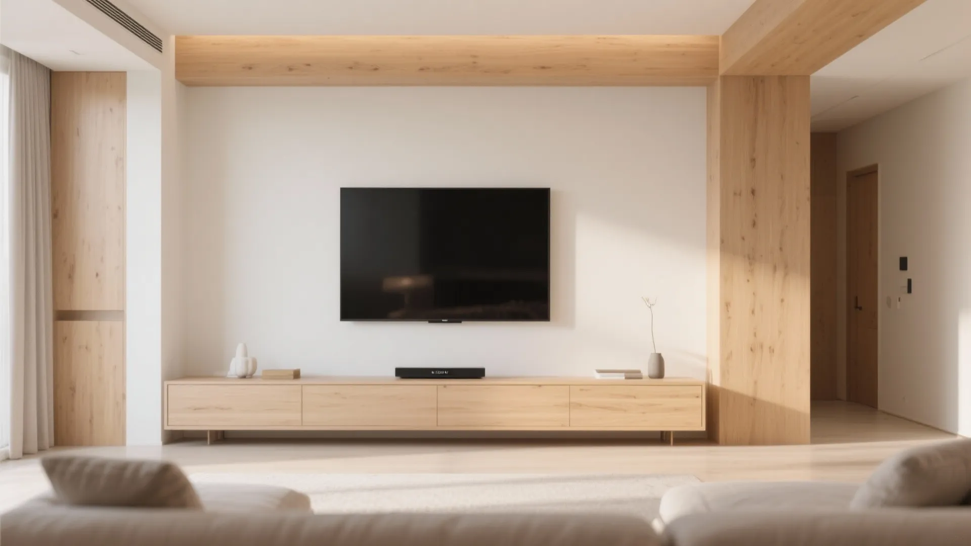 Minimalist living room with wall mounted television above a long wooden cabinet and warm lighting
