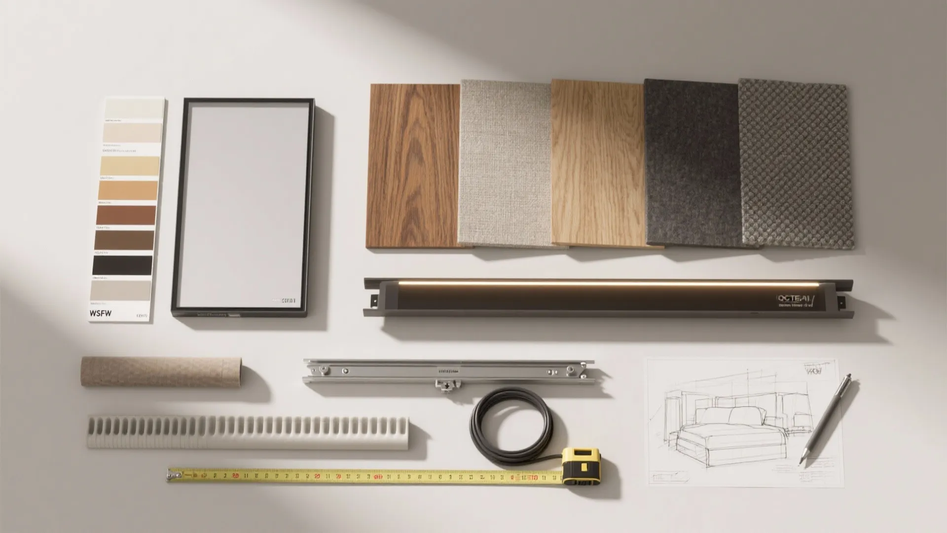 Flatlay of material samples and hardware for planning a bedroom TV wall, including swatches, LED strip, and track hardware.