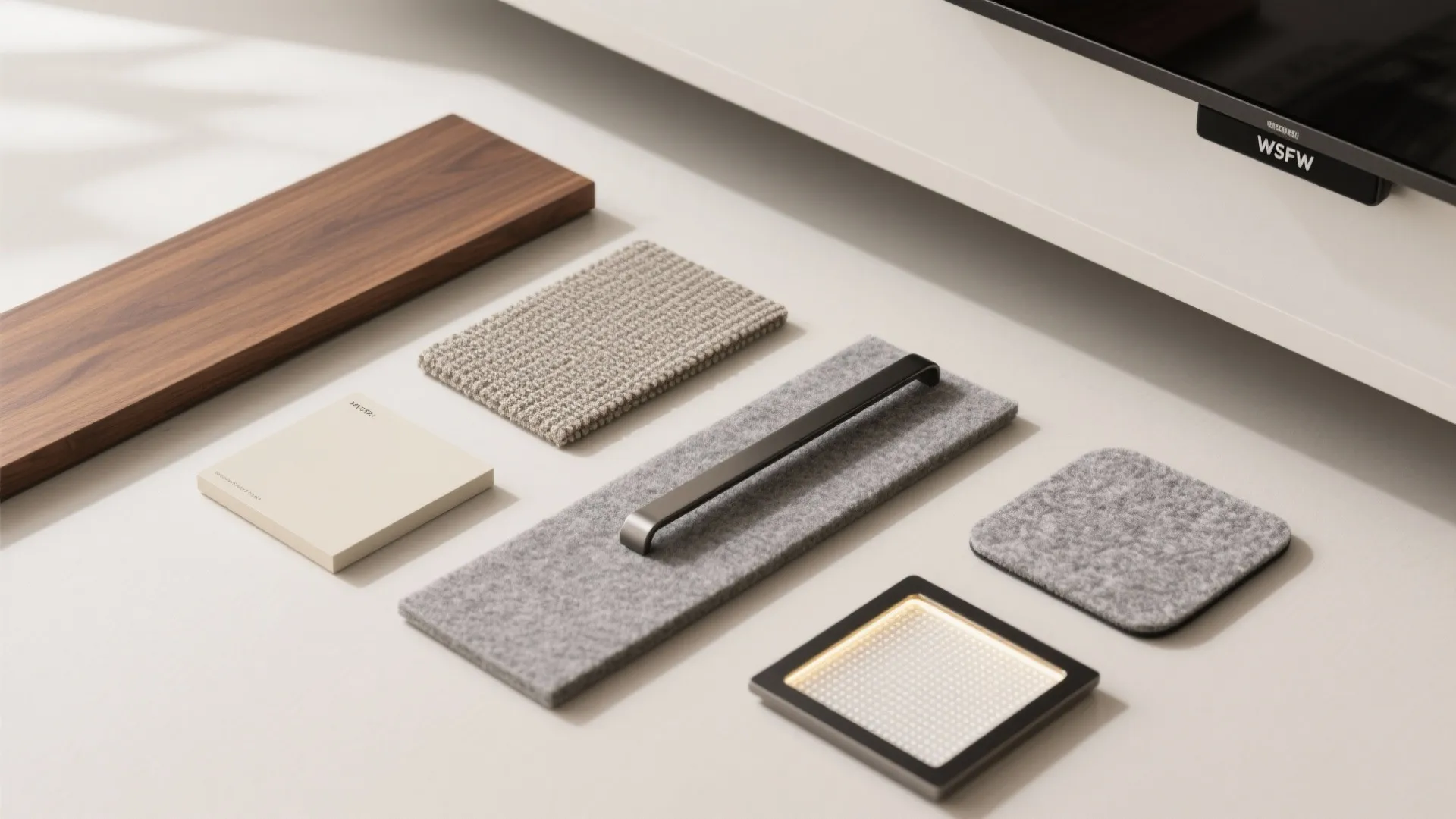 Mixed materials: warm wood, matte paint, and textured fabric panels