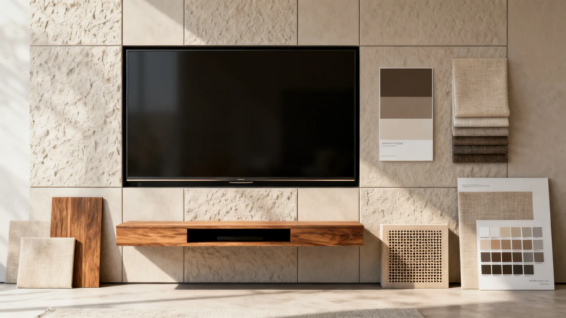 Flatlay of materials: textured panel, wood console, bezel swatch, speaker grille for TV integration.