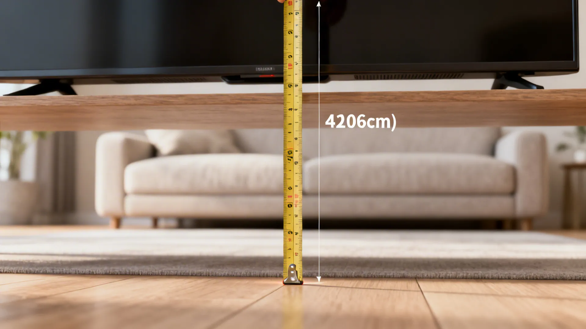 Tape measure showing 42 inches from floor to TV center with sofa blurred behind