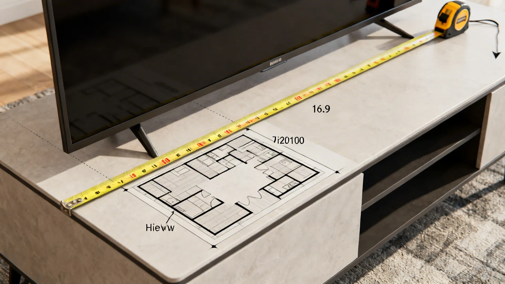 Close-up of a measuring tape and floor plan illustrating TV height and viewing distance tips.
